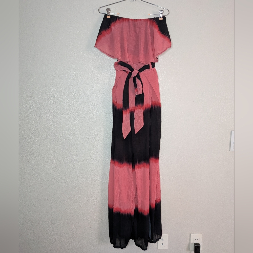 L'ATISTE Womens Strapless Pink Black Plisse' Resort Block Stripe Maxi Dress L